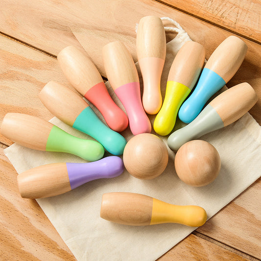 Colorful wooden bowling set