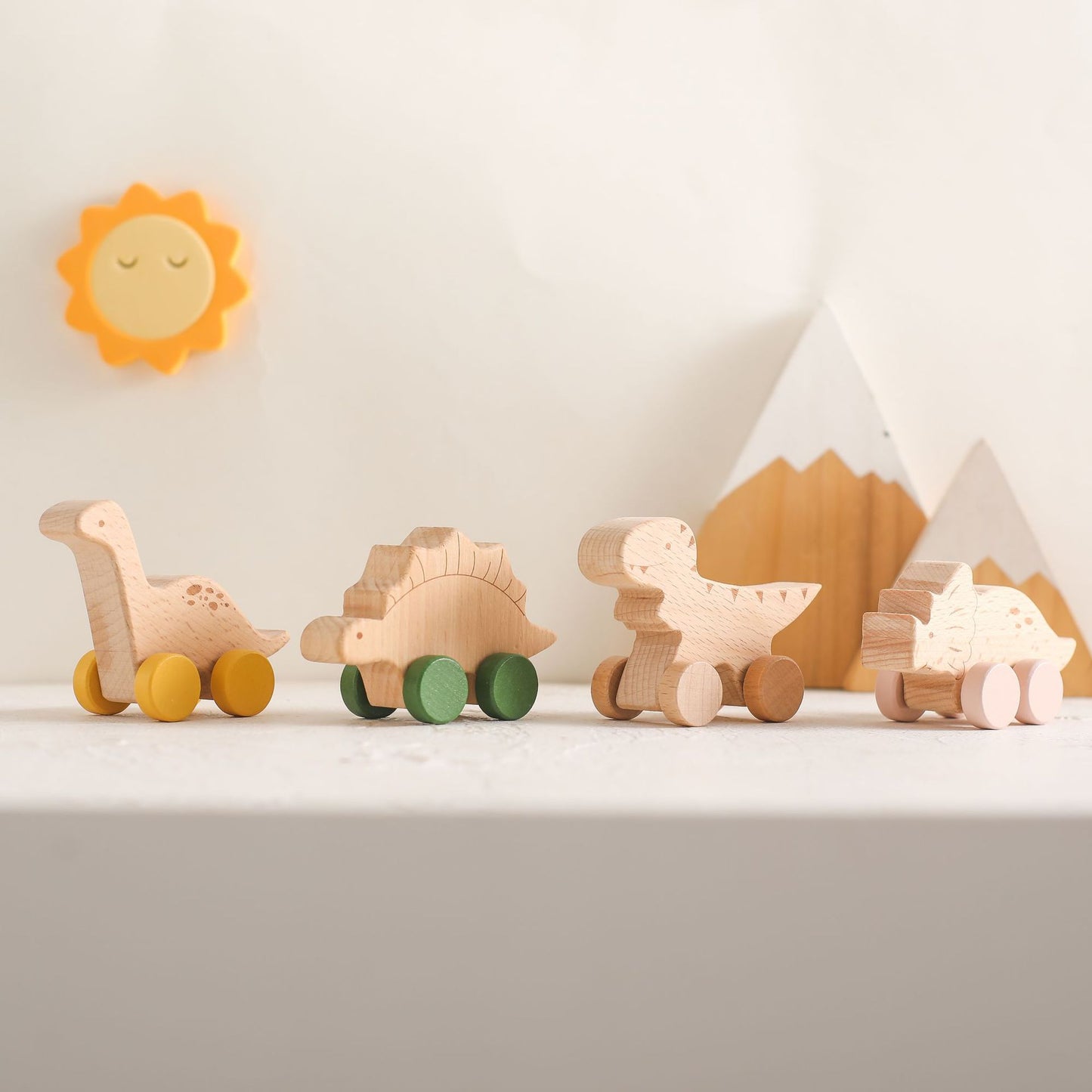 Wooden toy, rolling dinosaurs