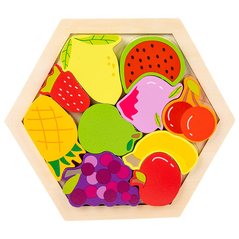 Wooden puzzle, animals and fruits