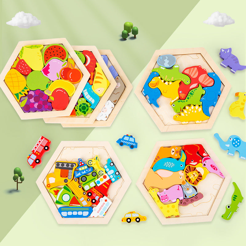 Wooden puzzle, animals and fruits