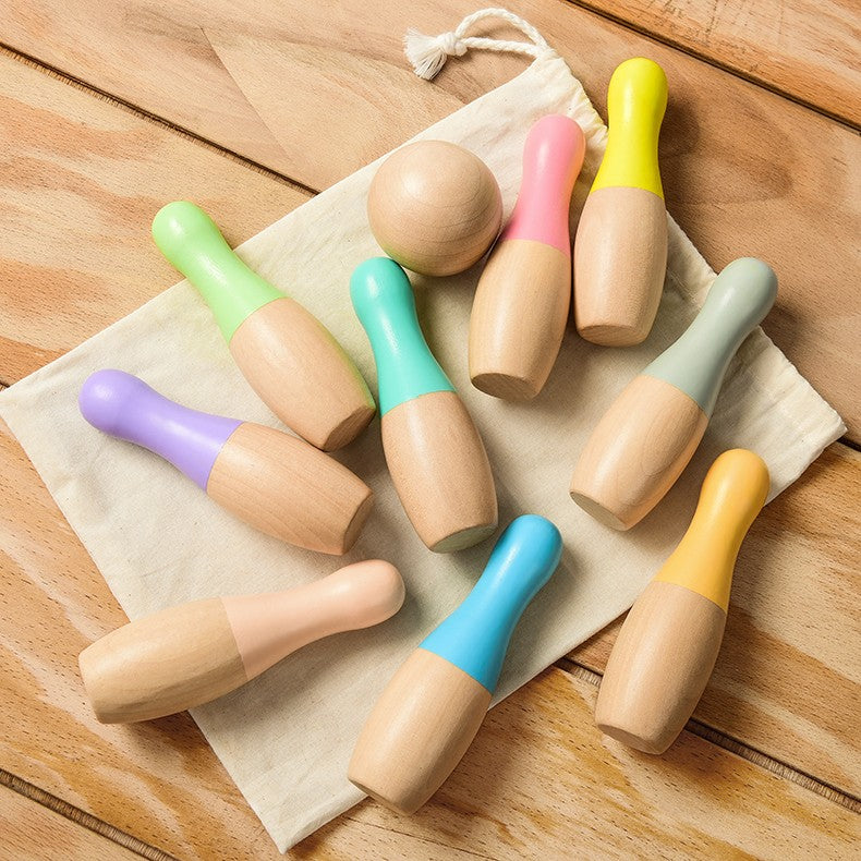 Colorful wooden bowling set