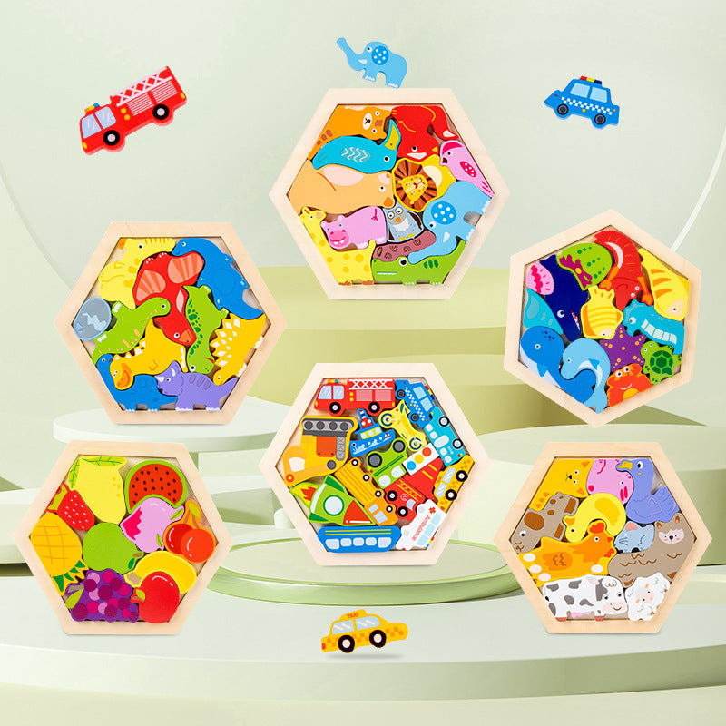 Wooden puzzle, animals and fruits