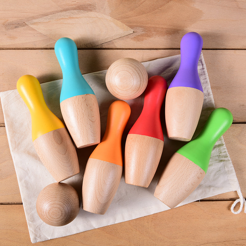 Colorful wooden bowling set